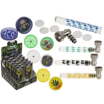 Glas-Pfeife mit Metall-Kopf inkl. Grinder & Sieben ca. 9 cm-HHCFriends