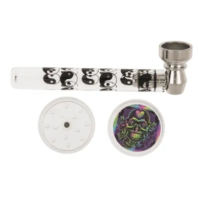 Glas-Pfeife mit Metall-Kopf inkl. Grinder & Sieben ca. 9 cm